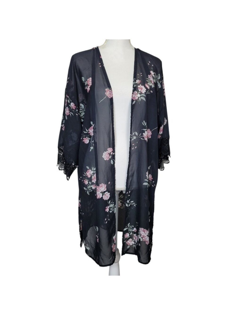 Wallflower Open Front Kimono Cover Up Black Rose Pattern Lace Trim Sleeves Lg